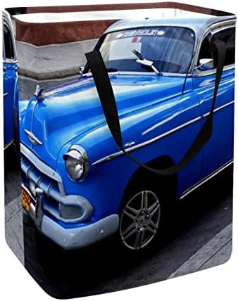 רטרו כחול מכונית הדפסת סל כביסה מתקפל, 60 ליטר עמיד למים סלי כביסה סל כביסה בגדי צעצועי אחסון עבור במעונות אמבטיה חדר שינה