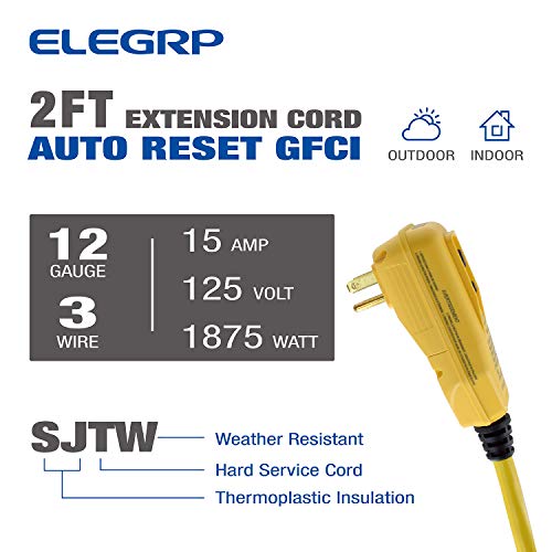 ELEGRP 15 AMP AUTO RESET RESET GFCI כבל הארכה 2-FT 12/3 SJTW כבד כבל צמה צהוב כבד 3 חוטי תקע מקורקע עם 3 חוטים עם 3 שקע חשמל חשמלי, אור