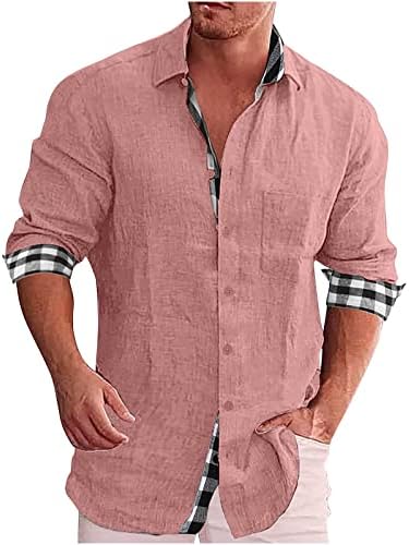 חולצות מעצבים לגברים כותנה פשתן משובץ טלאים צווארון דש