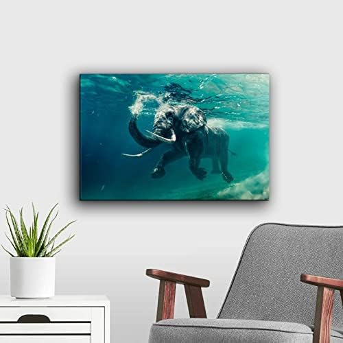 שמחה שחייה פיל פיל מתחת למים, אפריקה פיל פיל מדהים הדפס בד תמונה, צילום אוקיינוס ​​עיצוב קיר, חיות בר אמנות קיר אמנות כרזות על כרזות ציור