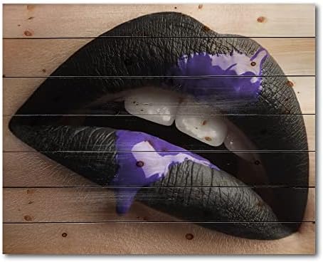 עיצוב שפתיים נשיות עם שפתון שחור וצבע סגול עיצוב קיר עץ מודרני ועכשווי, אמנות קיר מעץ שחור, לוחות קיר מעץ אנשים גדולים מודפסים על אמנות