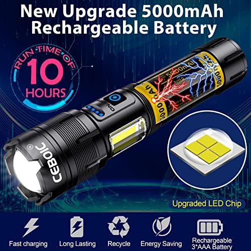 פנס LED נטען Ceboic, 5000 לומן פנס טקטי סופר בהיר עם פנס קופץ, 7 מצבים
