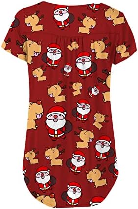 חולצות שרוול קצר מזדמן של נשים חג המולד איילים מודפסים מחבואים בטן כפתור חולצה טוניקה זורמת רופפת למטה