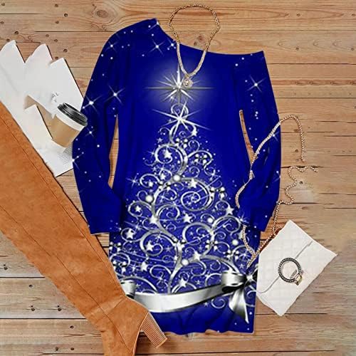 חולצת טי שמלת לנשים החג שמח עץ הדפסה מקרית שמלות לנשים חג גרפי ארוך שרוול טוניקת שמלה
