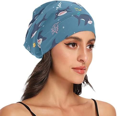 כובע שינה כרישים חמודים סוסי ים צמחי ים דגים סאטן מרופד כותנה כותנה כותנה כפית כפית כפית כובע לילה כובע שיער לנשים כחול