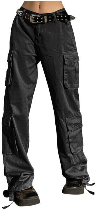 מכנסי נשים רוכסן כפתור כלפי מעלה מכנסי מכנסי מטען מכנסיים בעלי עלייה נמוכה טרקלין מכנס ישר מישור עם כיסים