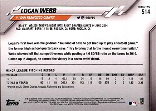 2020 Topps 514 Logan Webb RC טירון סן פרנסיסקו ענקים MLB כרטיס מסחר בייסבול