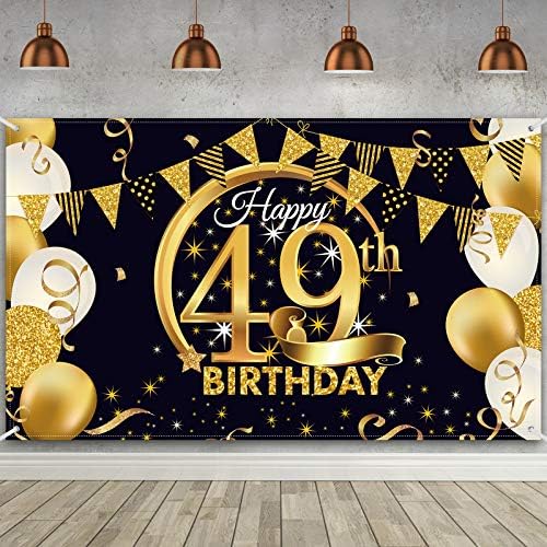 קישוט מסיבת יום הולדת 49, בד גדול במיוחד פוסטר שלט זהב שחור ליום השנה ה -49 באנר רקע רקע לתא צילום, ציוד למסיבת יום הולדת 49, 72.8 על