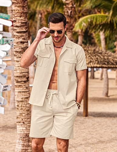 קואופנדי 2 חלקים פשתן פשתן קובע כפתור שרוול קצר חולצה ומכנסיים קצרים תלבושות חוף מזדמן קיץ