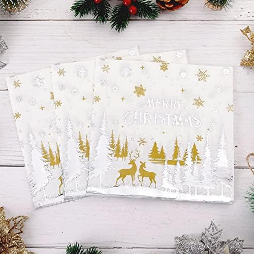 Quera 50 חבילה מפיות נייר לחג המולד 6.5 '' x 6.5 '' נייר כסף כסף שלג מפיות חד פעמיות מפיות משקאות לבנים